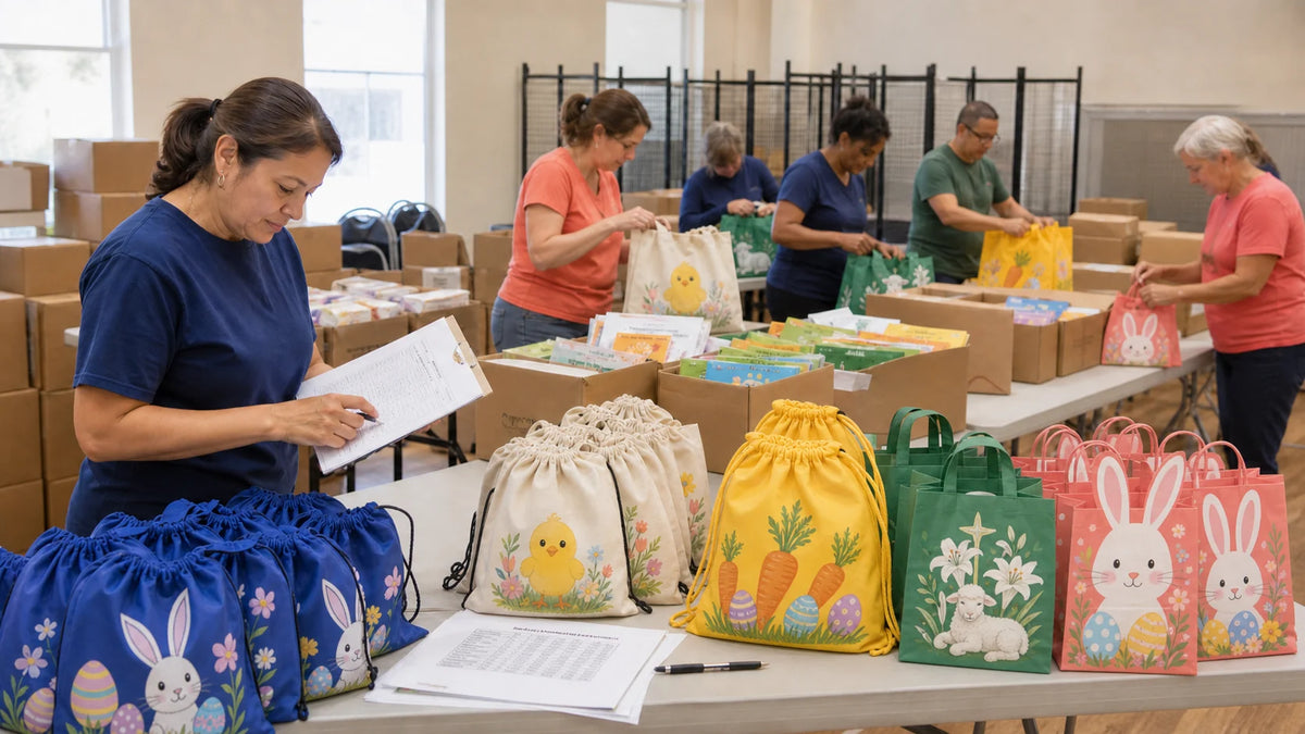 Bulk Easter bags for school, church and community programs with bunny, chick, carrot and lily designs
