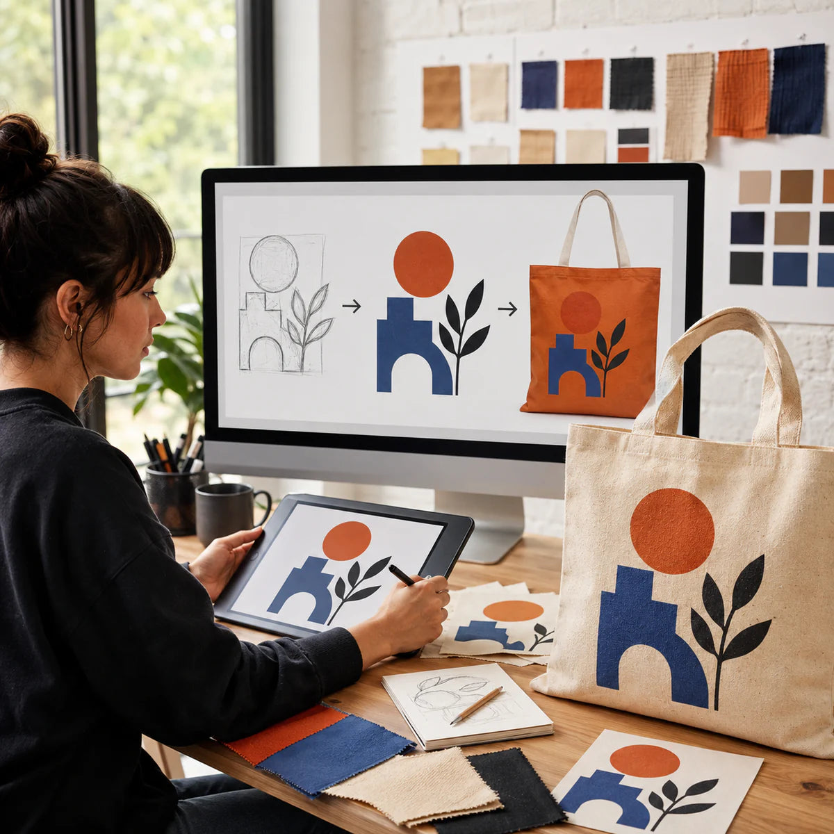 Designer refining customer artwork into a production-ready vector preview on an orange recycled cotton custom tote bag