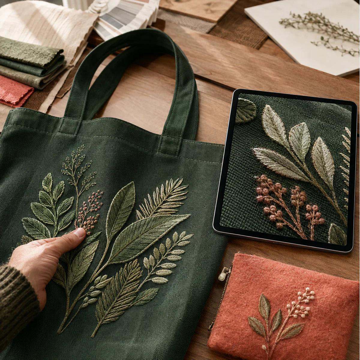Forest-green hemp canvas tote with botanical embroidery compared with a detailed digital stitch and fabric rendering
