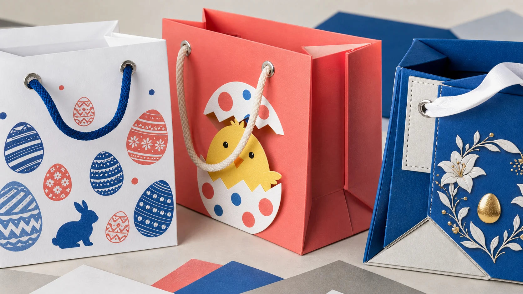 Custom paper Easter bags showing rope handles, gussets and printed egg, chick and lily designs