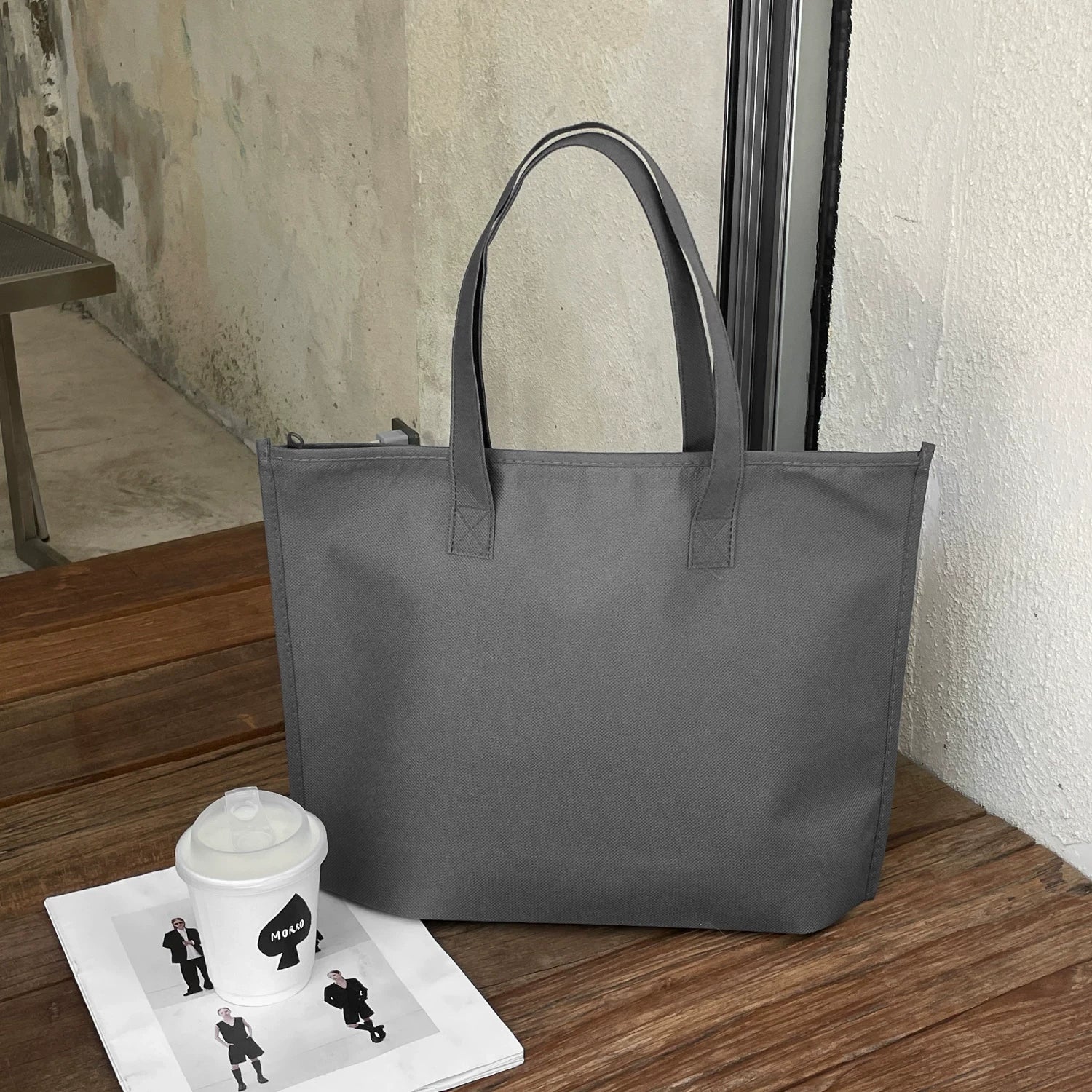 Plain gray zippered non-woven tote bag