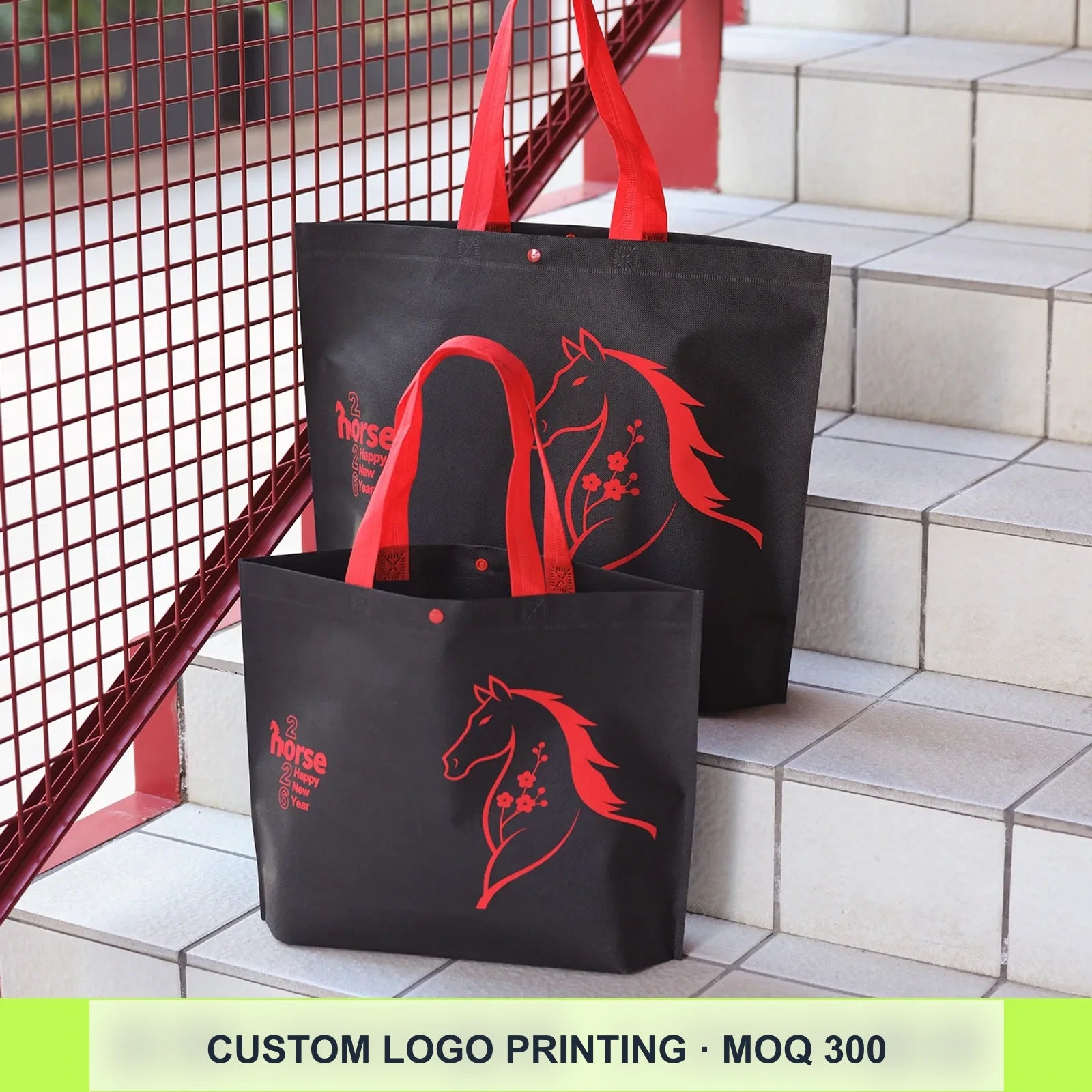 13-Style Large-Capacity Non-Woven Boutique Tote Bags — Black Flame Red