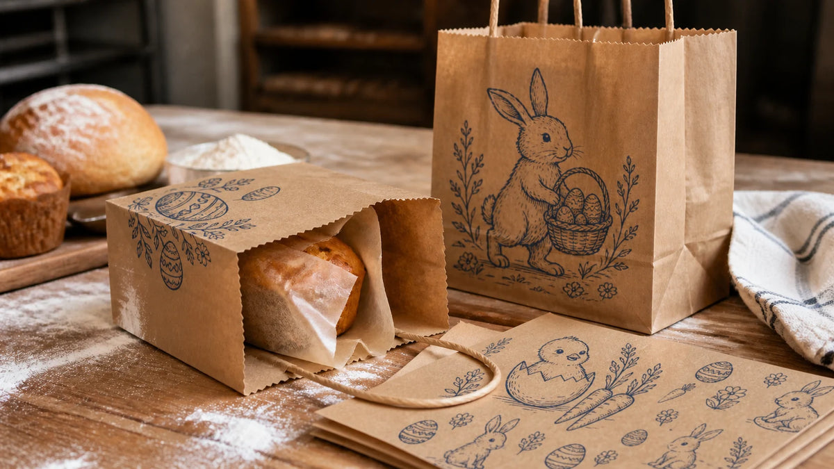 Kraft Easter bakery bags printed with rabbit baskets, chicks, eggs and carrots