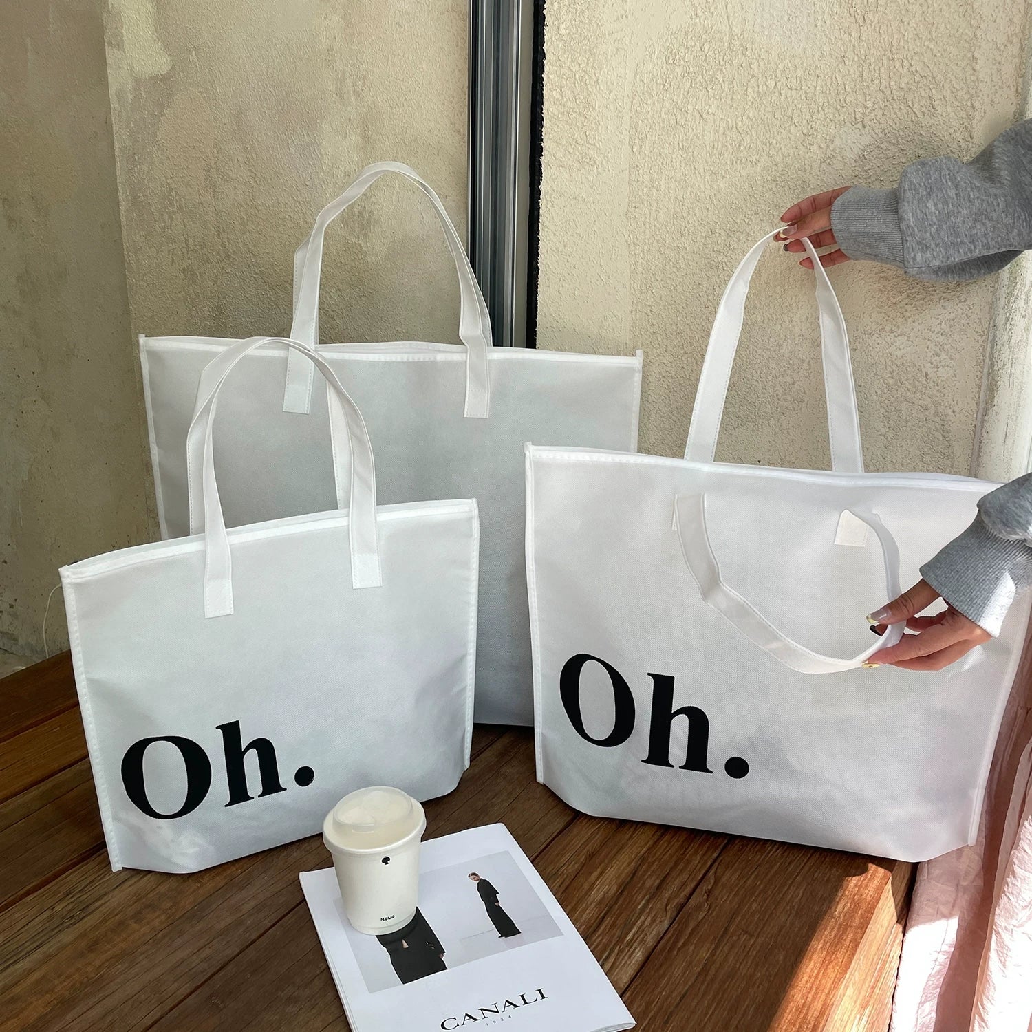 Oh white zippered non-woven tote bag