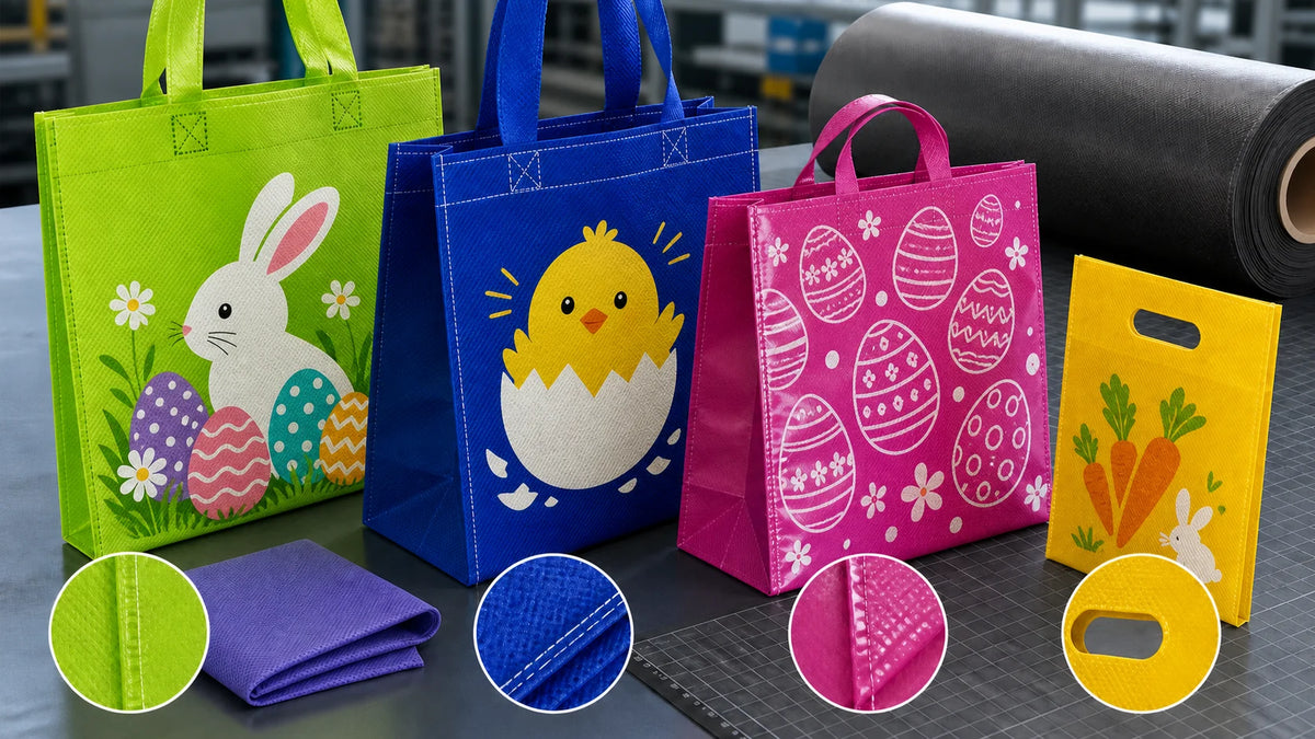 Custom nonwoven Easter bags with loop, stitched and die-cut handles and colorful holiday prints