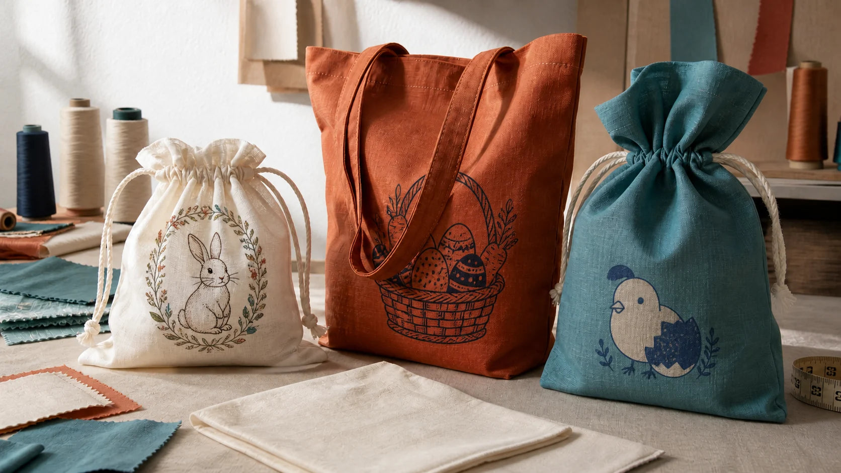 Cotton and linen Easter tote and drawstring bags with rabbit, egg basket and chick graphics