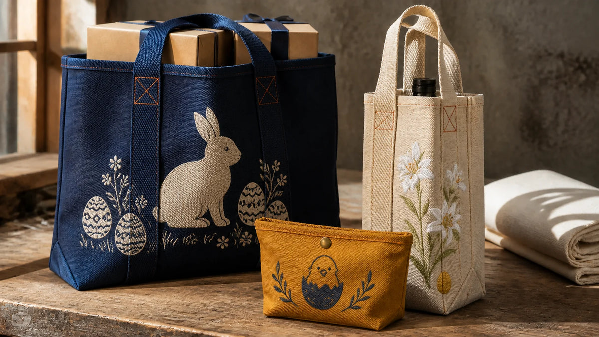Heavy canvas Easter bags with reinforced handles, rabbit egg-hunt print and lily embroidery