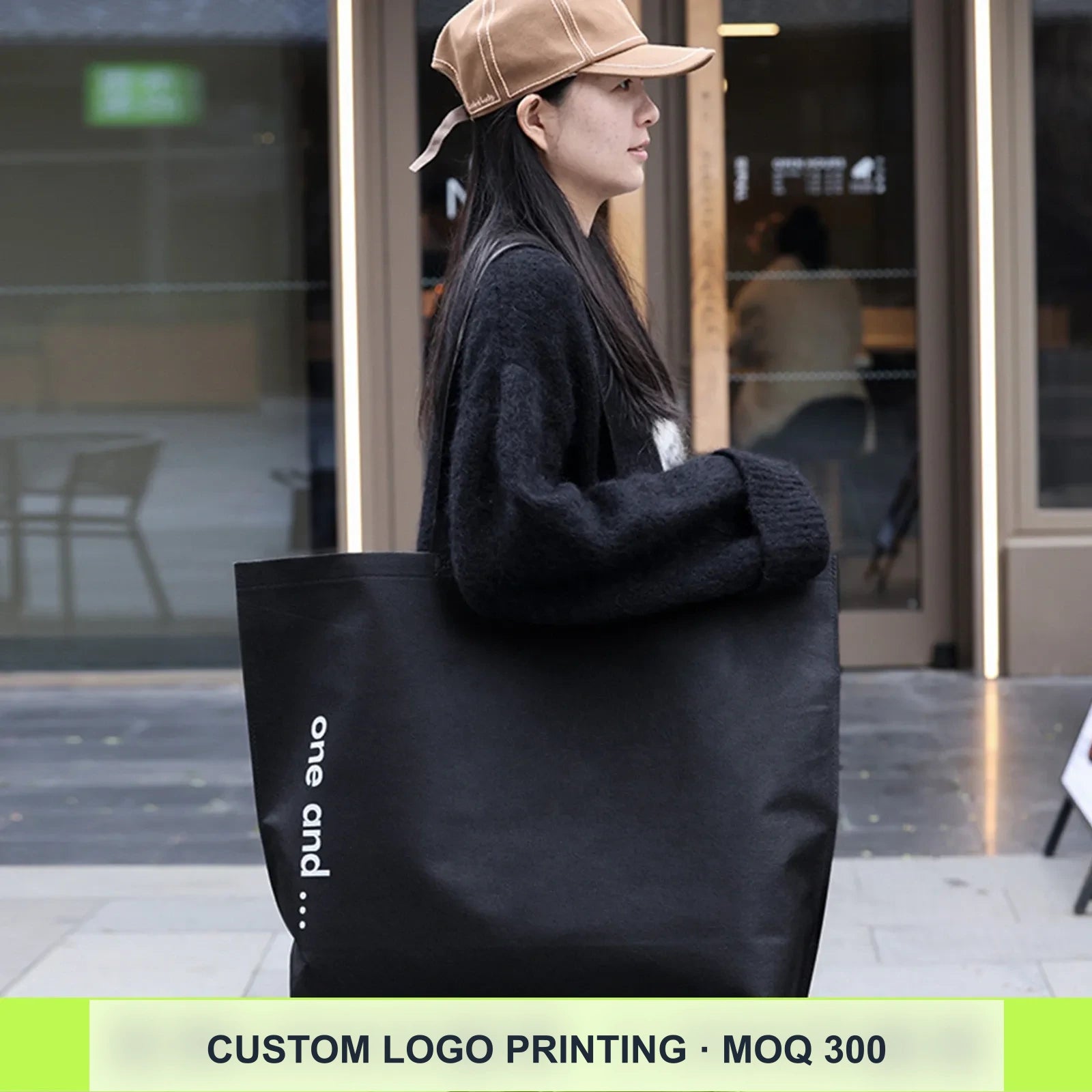 17-Style Extra-Thick Snap-Closure Non-Woven Shopping Bags — Black with White Print