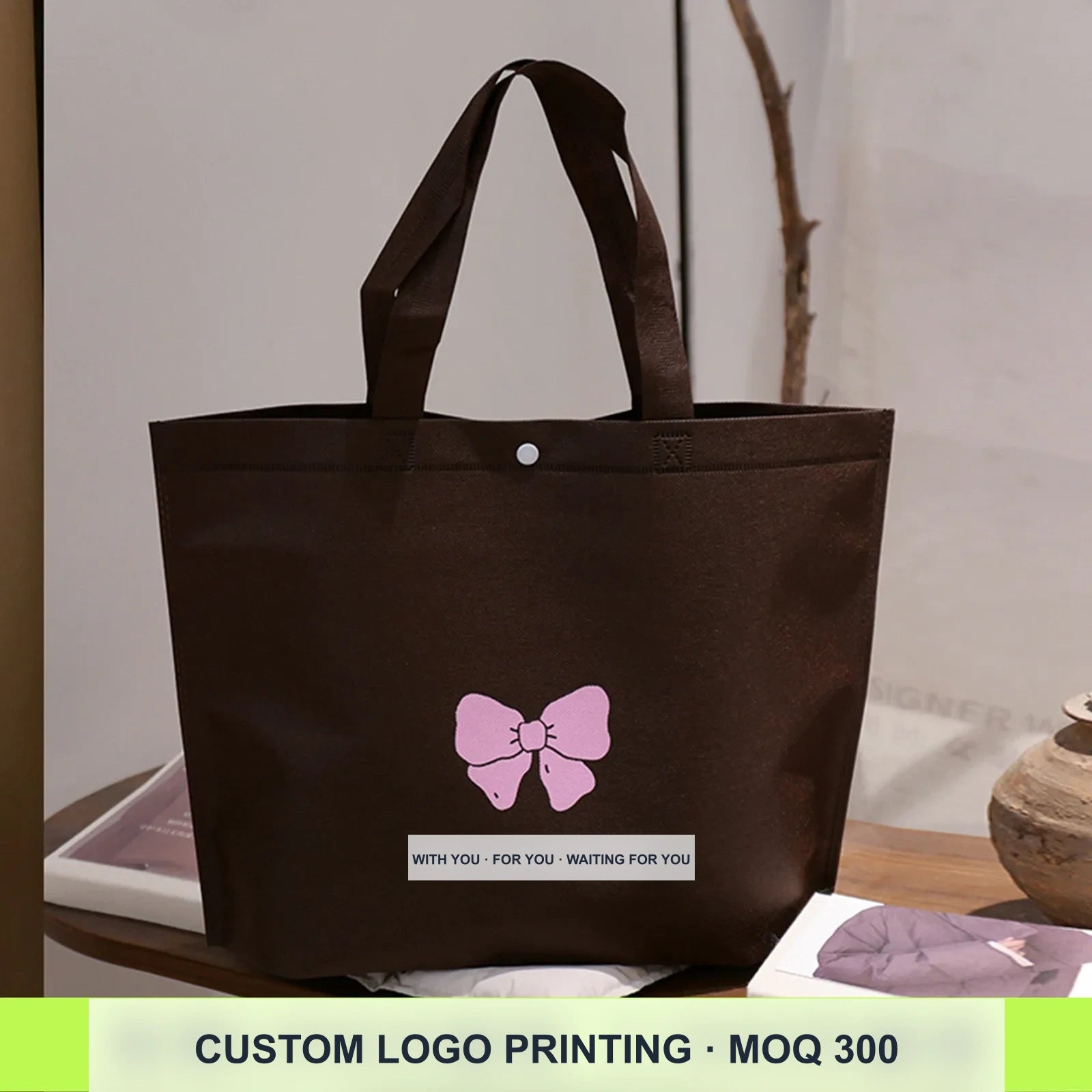 17-Style Extra-Thick Snap-Closure Non-Woven Shopping Bags — Coffee Brown with Pink Print