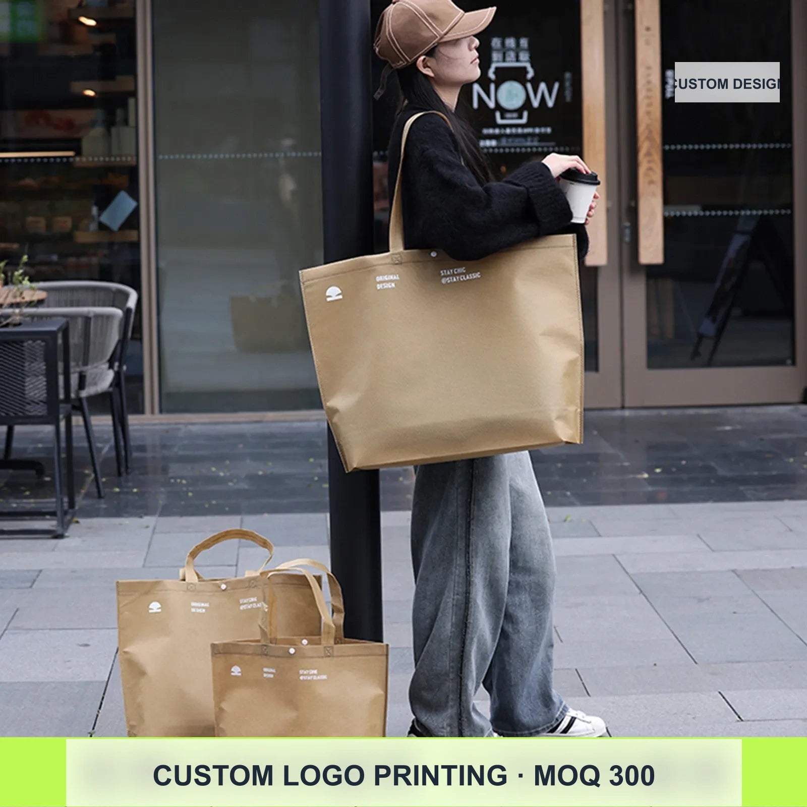 17-Style Extra-Thick Snap-Closure Non-Woven Shopping Bags — Khaki