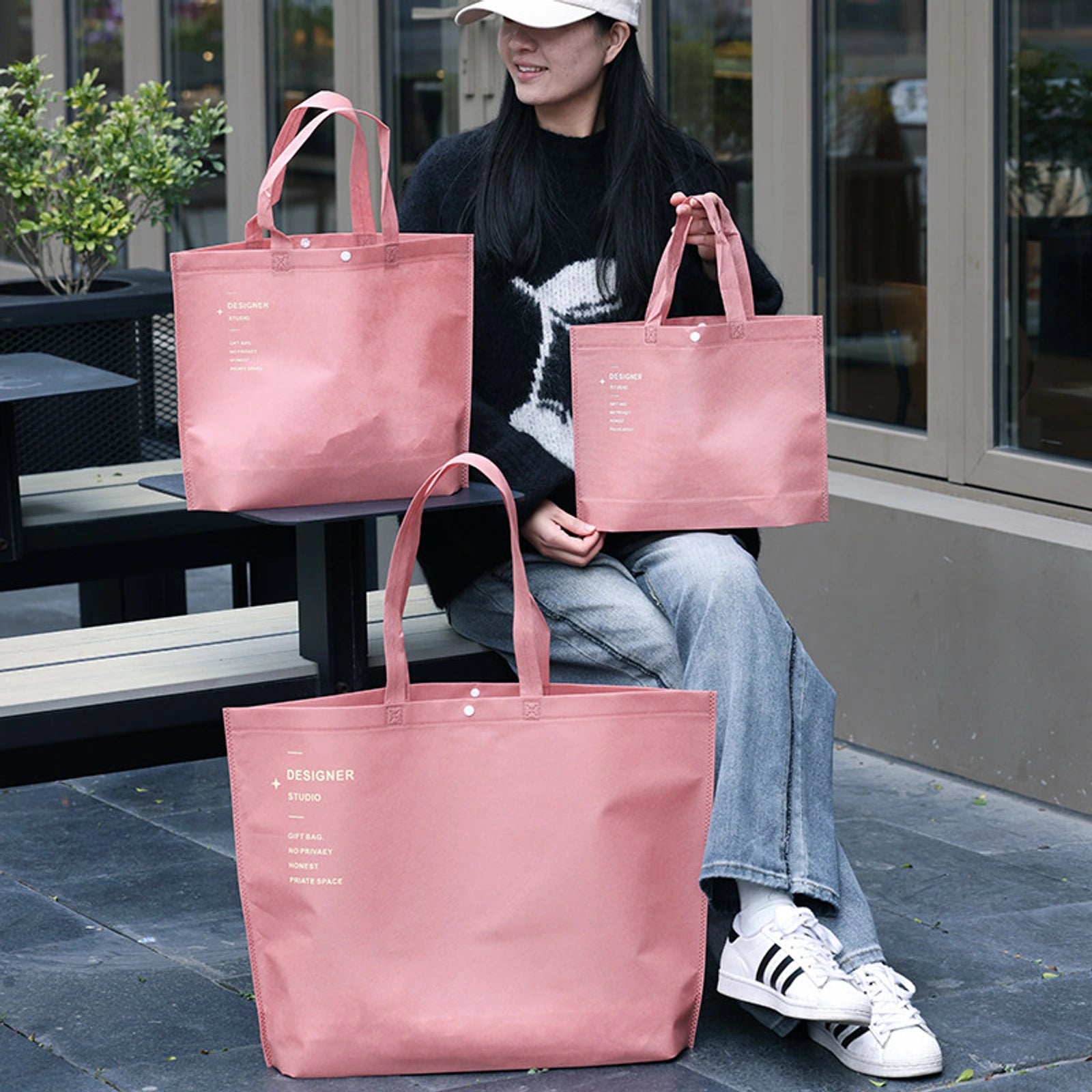 17-Style Extra-Thick Snap-Closure Non-Woven Shopping Bags — Mousse Pink