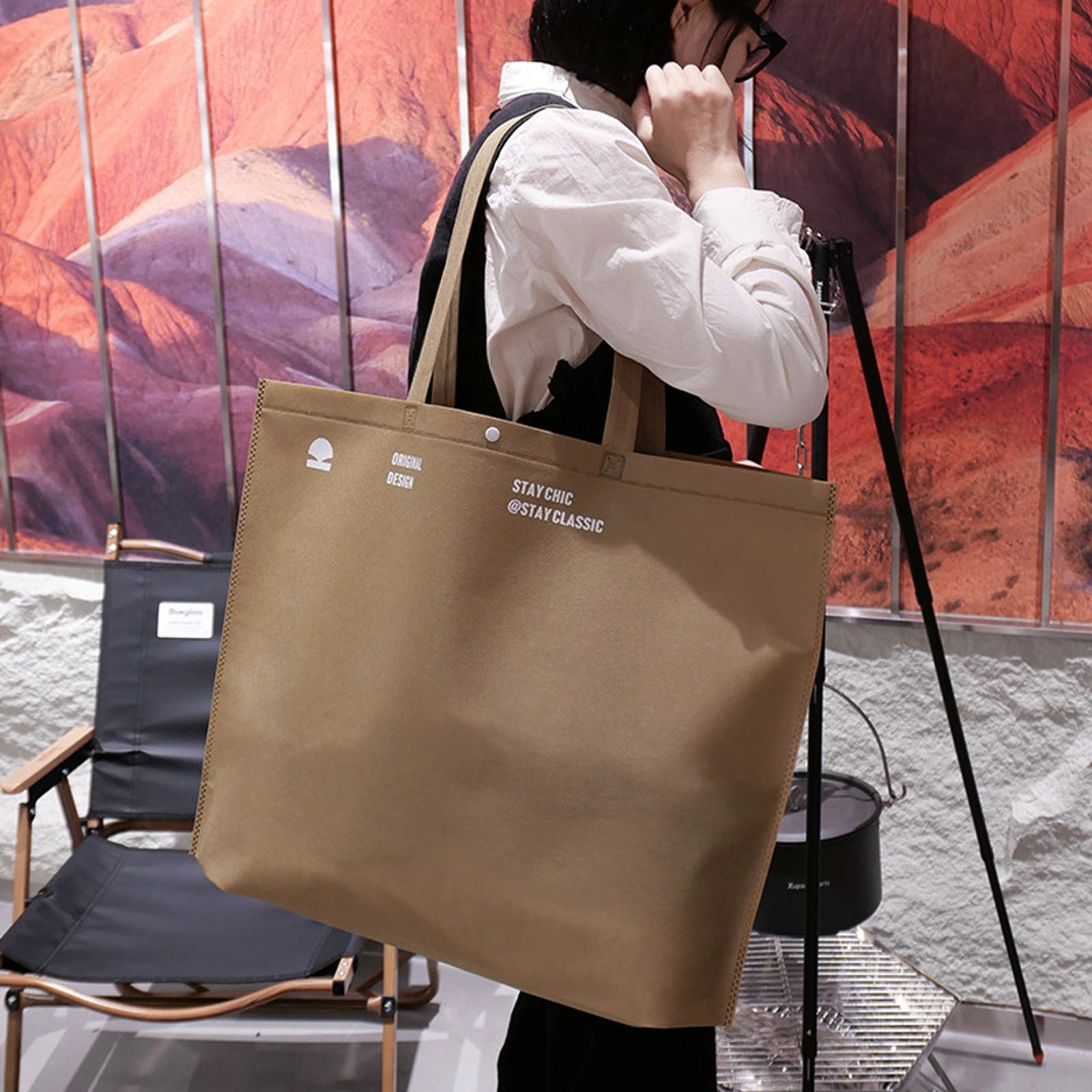 17-Style Large-Capacity Snap-Closure Non-Woven Tote Bags — Khaki