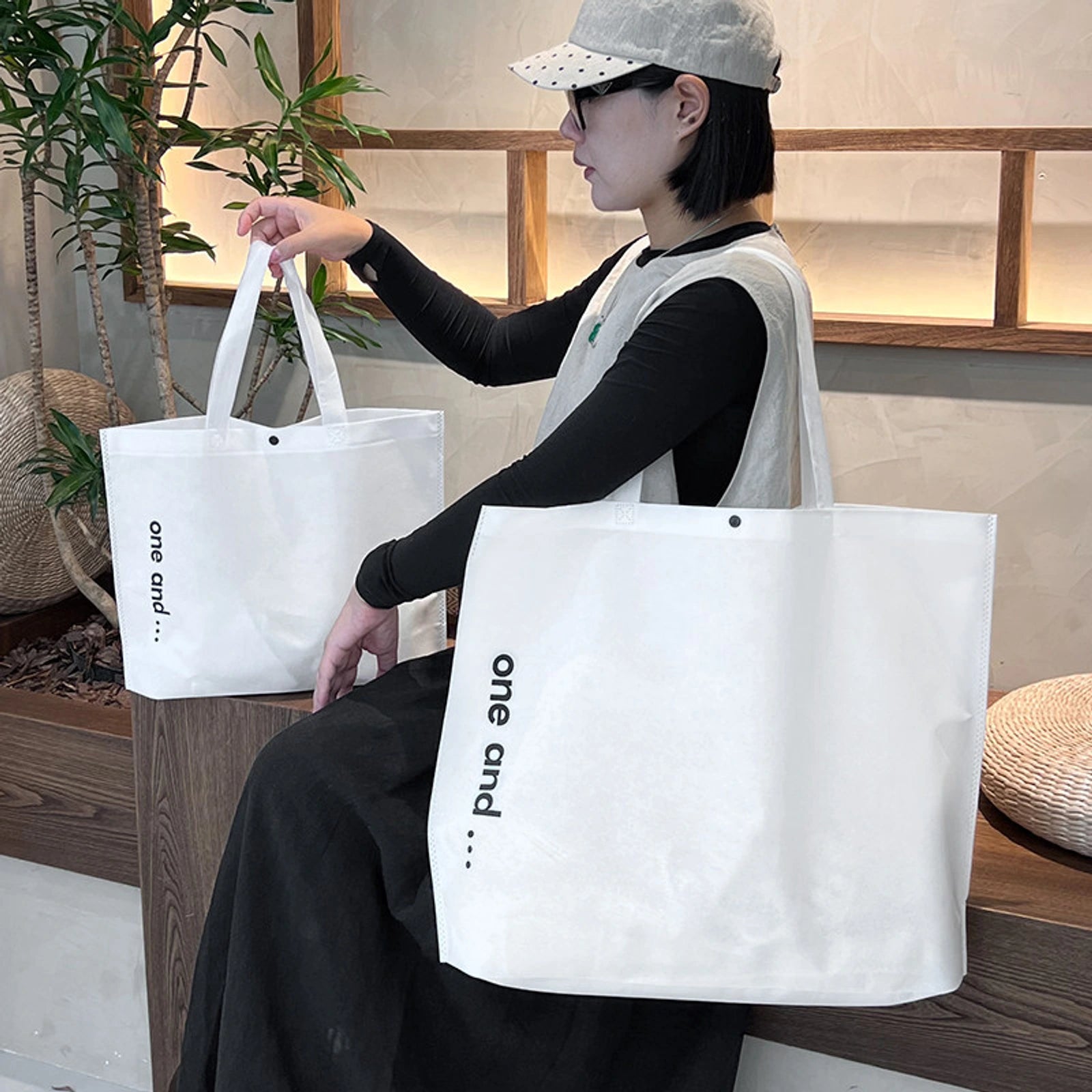 17-Style Large-Capacity Snap-Closure Non-Woven Tote Bags — White