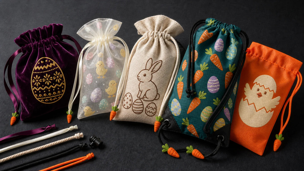 Velvet, organza, linen, ripstop and nonwoven Easter drawstring bag options