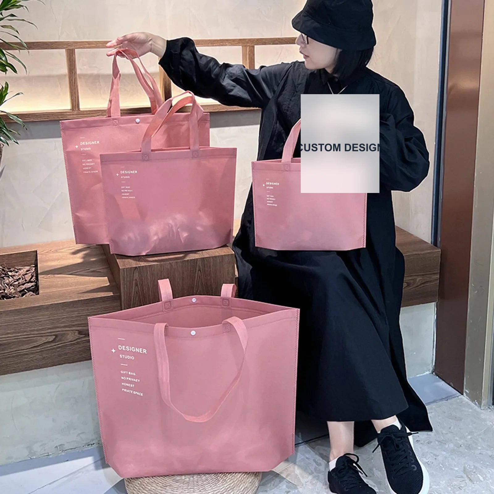 18-Style Premium Non-Woven Tote Bags for Apparel Stores — Pink
