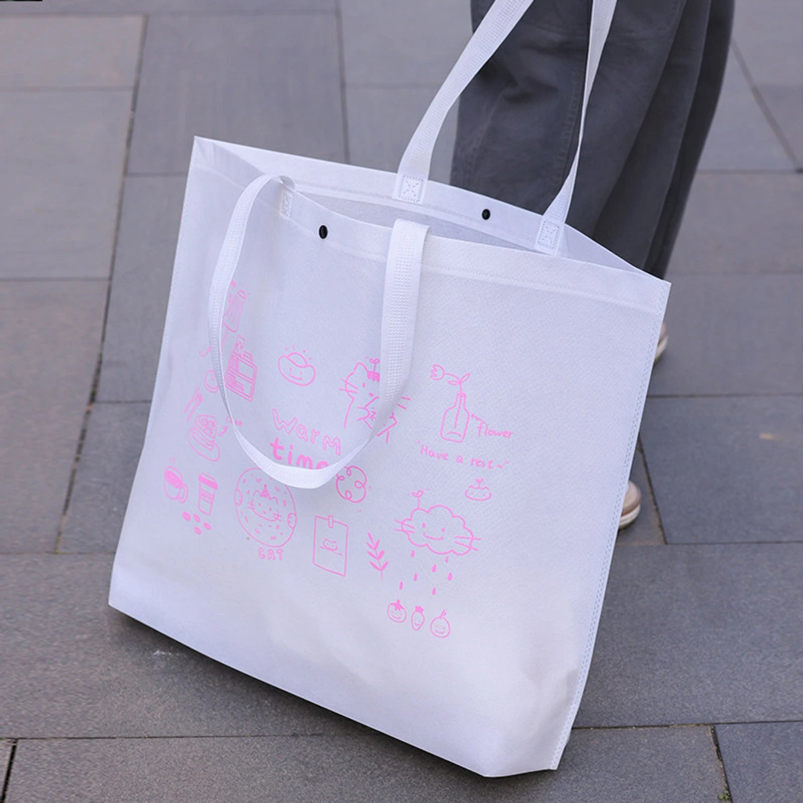 18-Style Premium Non-Woven Tote Bags for Apparel Stores — White with Pink Print