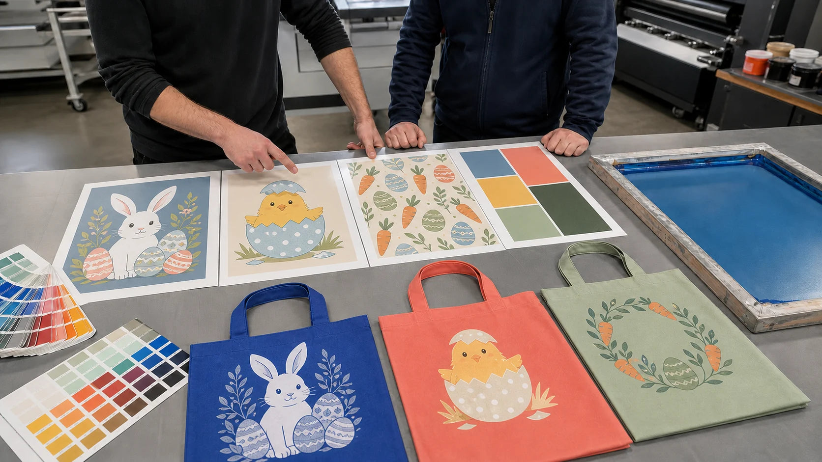 Easter bag artwork and color review with rabbit, chick and carrot print samples