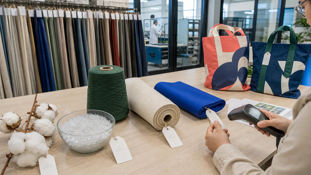 Organic cotton, recycled PET, yarn, fabrics and finished totes arranged for material traceability review