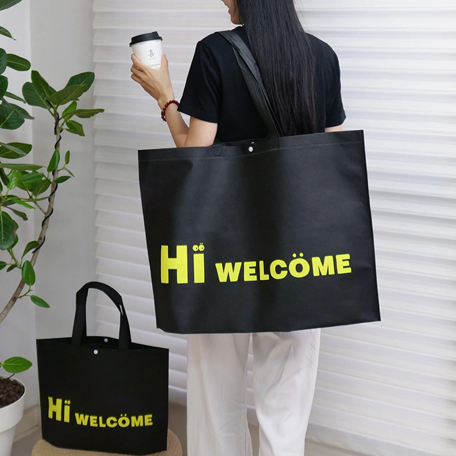 20-Style Snap-Closure Non-Woven Tote Bags for Boutiques — Black with Yellow Print