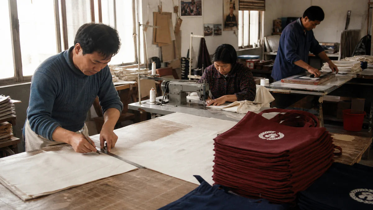 Late-1990s family workshop cutting, sewing and screen printing cotton canvas tote bags