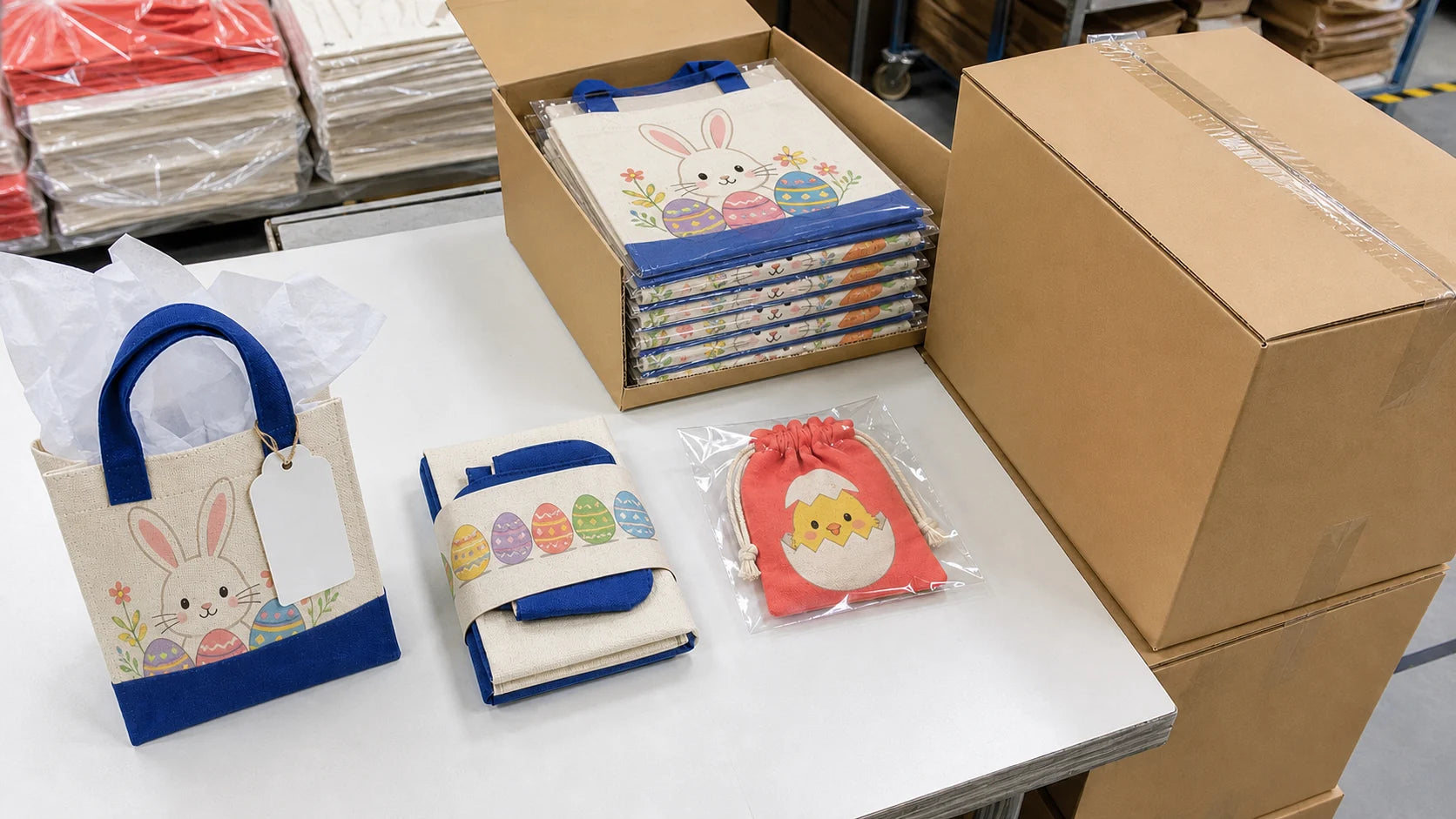 Export packing options for custom rabbit, egg and chick Easter bags