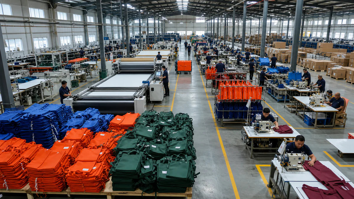 Elevated wide view of an active custom tote factory with cutting, sewing, inspection and packing zones
