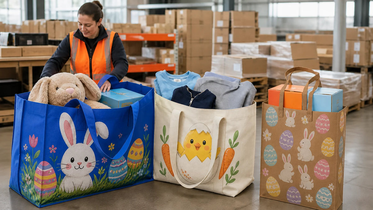 Large custom Easter bags for toys, apparel and boxed gifts in a warehouse