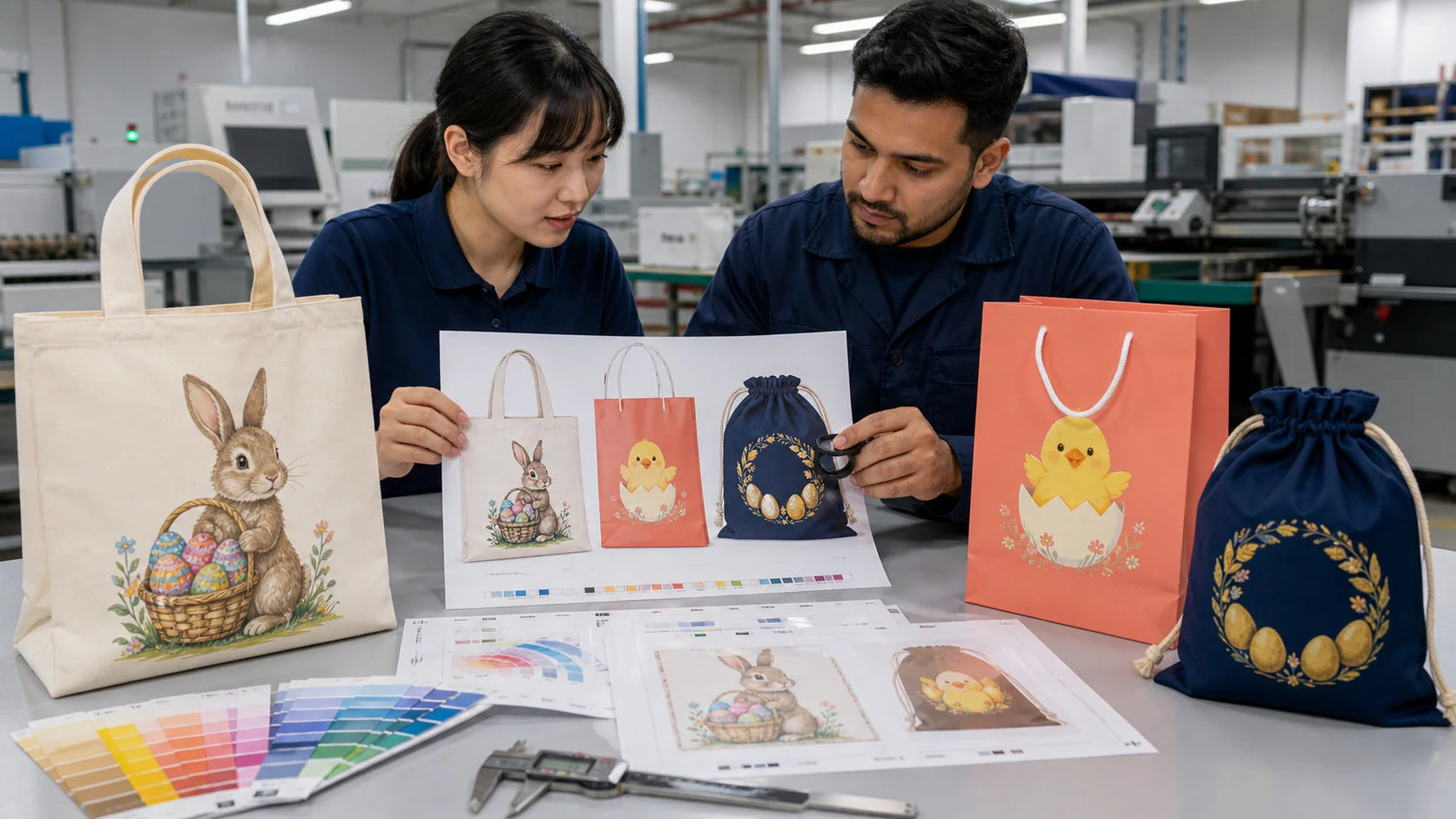 Factory artwork specification review for custom rabbit, chick and decorated egg Easter bags
