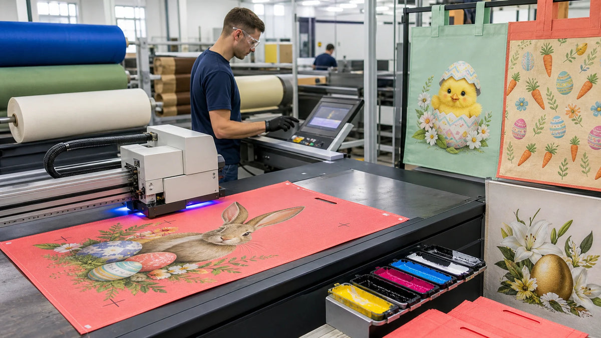 Digital printing of custom Easter rabbit, chick, egg and lily designs on bag materials