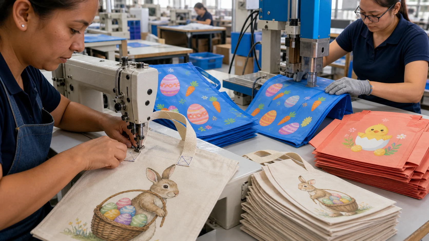 Sewing and ultrasonic production of cotton and nonwoven Easter bags