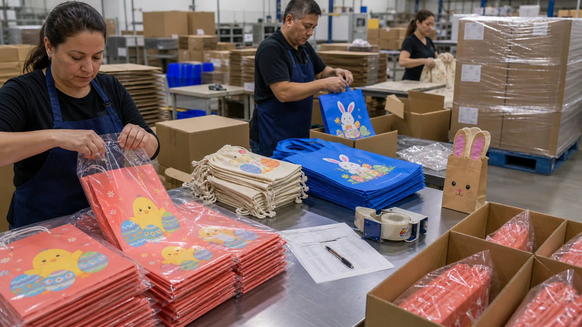 Bulk Easter bags being counted, polybagged, packed into cartons and prepared for export
