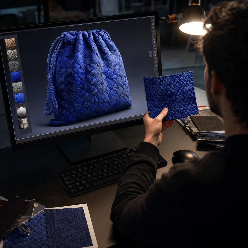 Designer comparing a 3D woven drawstring bag model with a physical fabric swatch