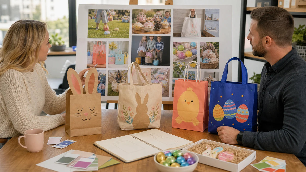 Buyer sharing an Easter bag project brief with egg-hunt, bakery, retail and event references