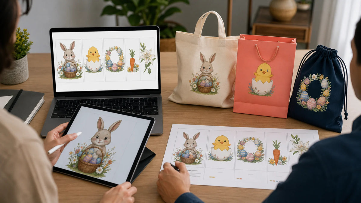 Customer submitting rabbit, chick, egg, carrot and lily artwork for custom Easter bags