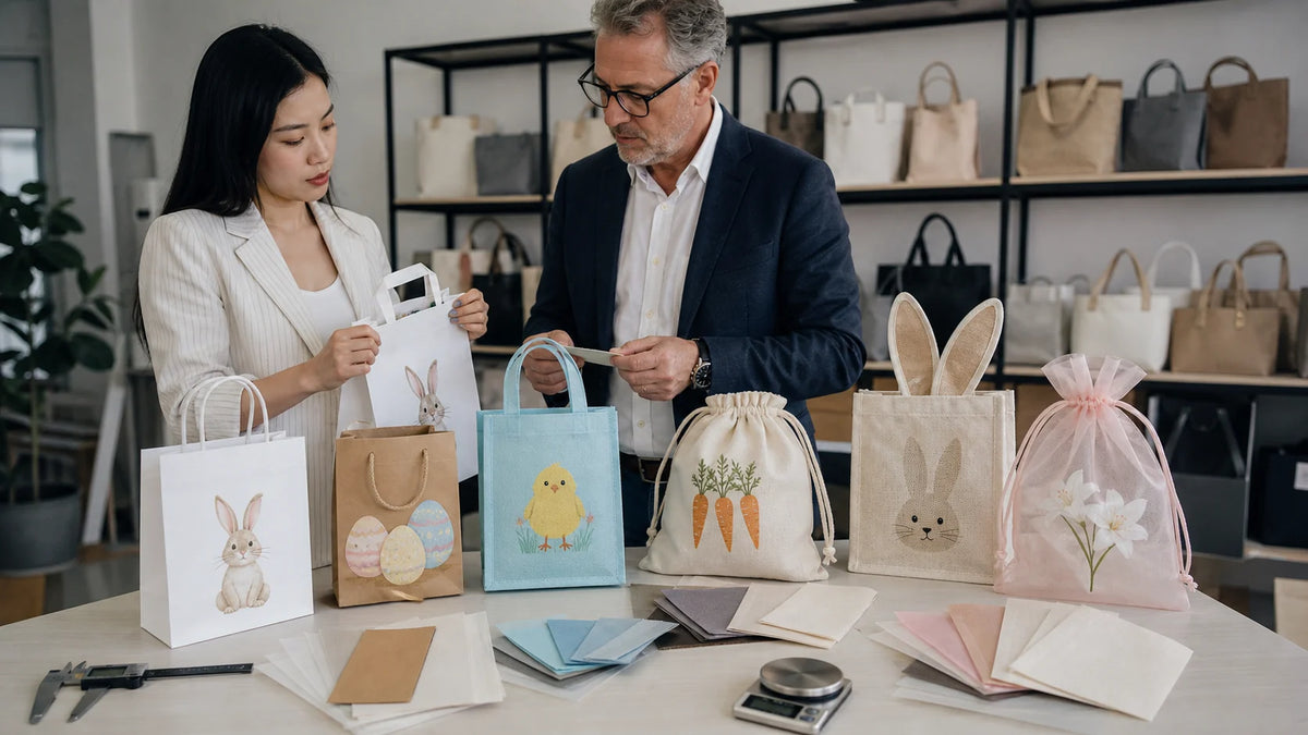 Paper, kraft, nonwoven, cotton, canvas and organza Easter bag material confirmation