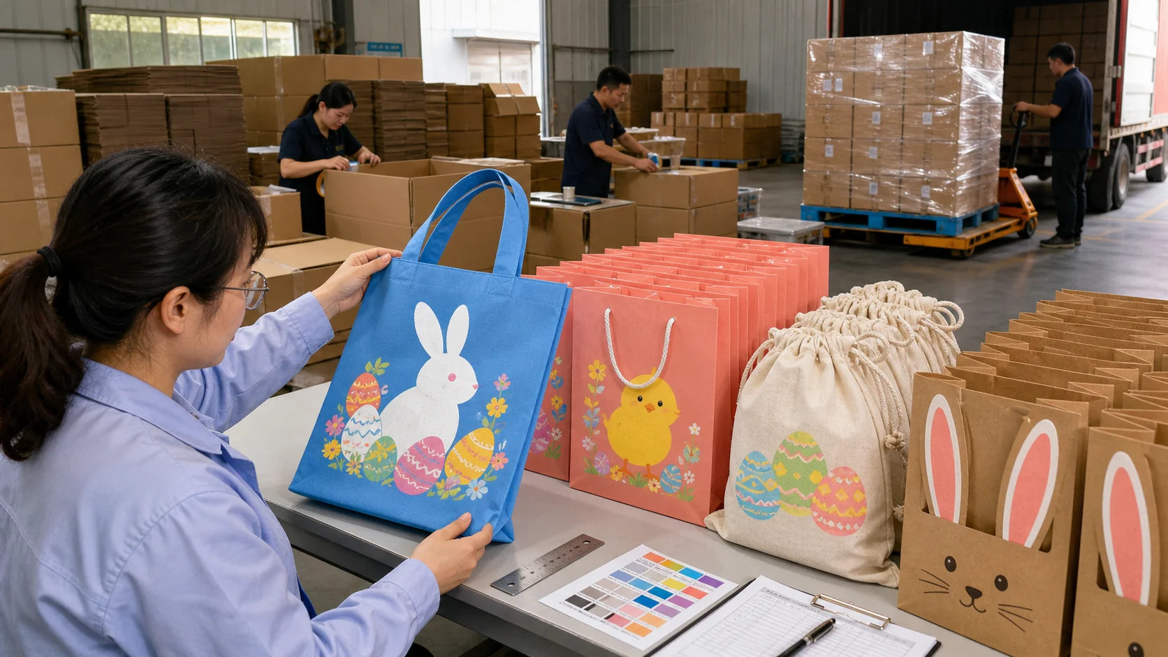 Final production, quality control, carton packing and shipment of custom Easter bags