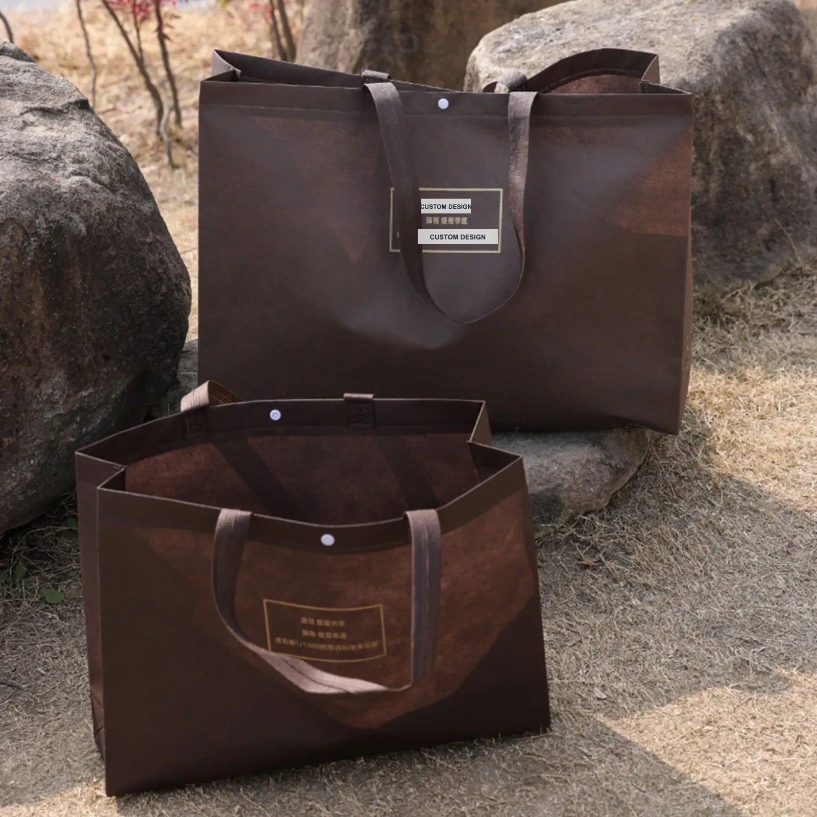 7-Style Gusseted Non-Woven Retail Tote Bags — Coffee Brown