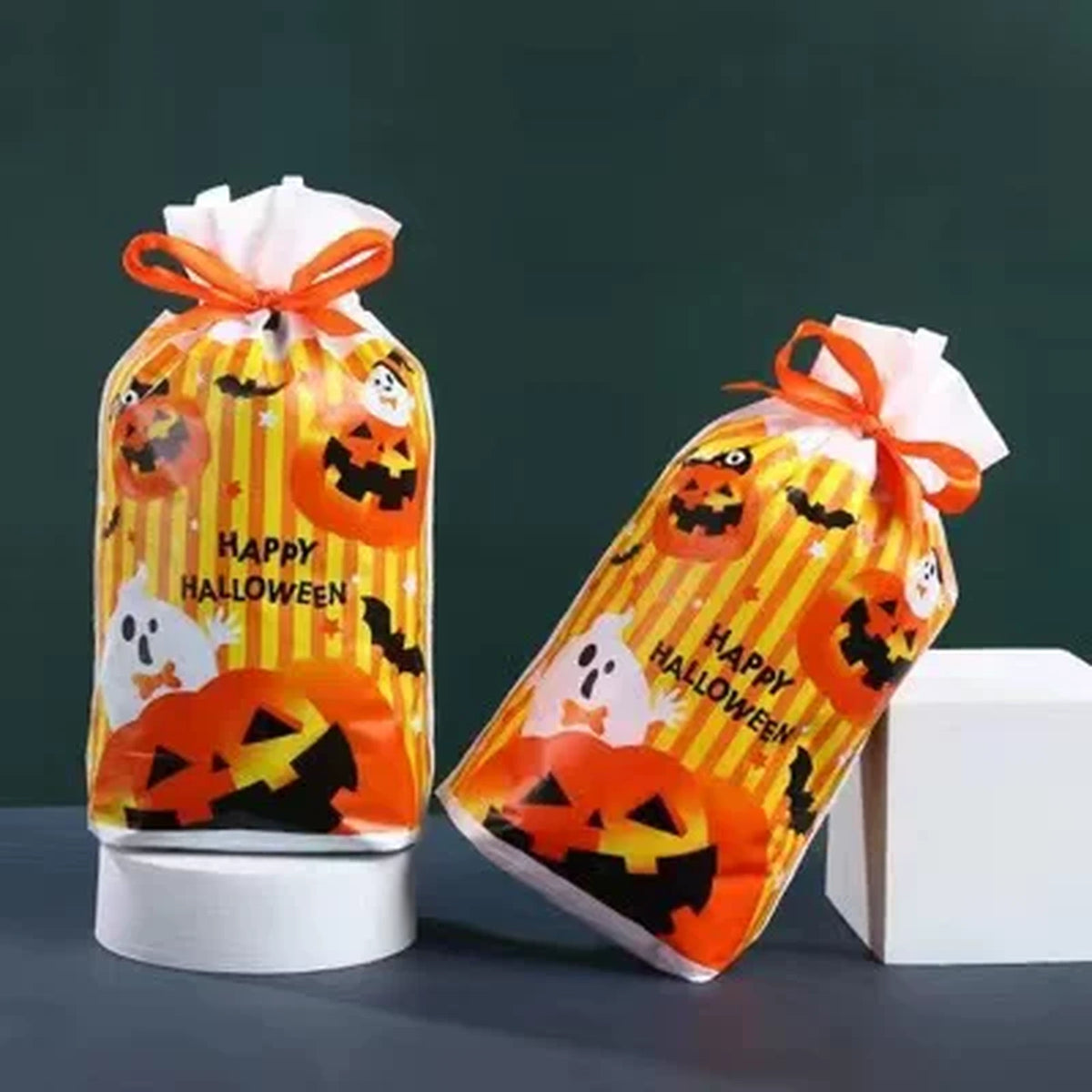 Gusseted Plastic Halloween Drawstring Treat Bags