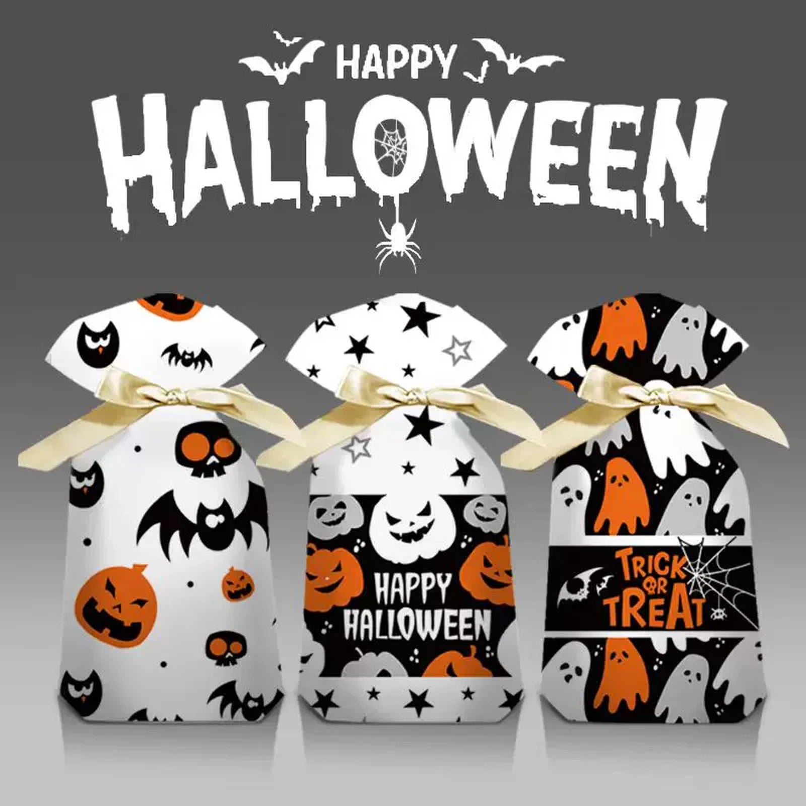 Gusseted Plastic Halloween Drawstring Treat Bags