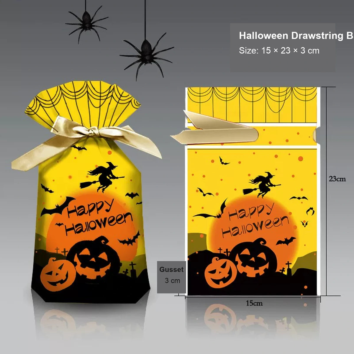 Gusseted Plastic Halloween Drawstring Treat Bags
