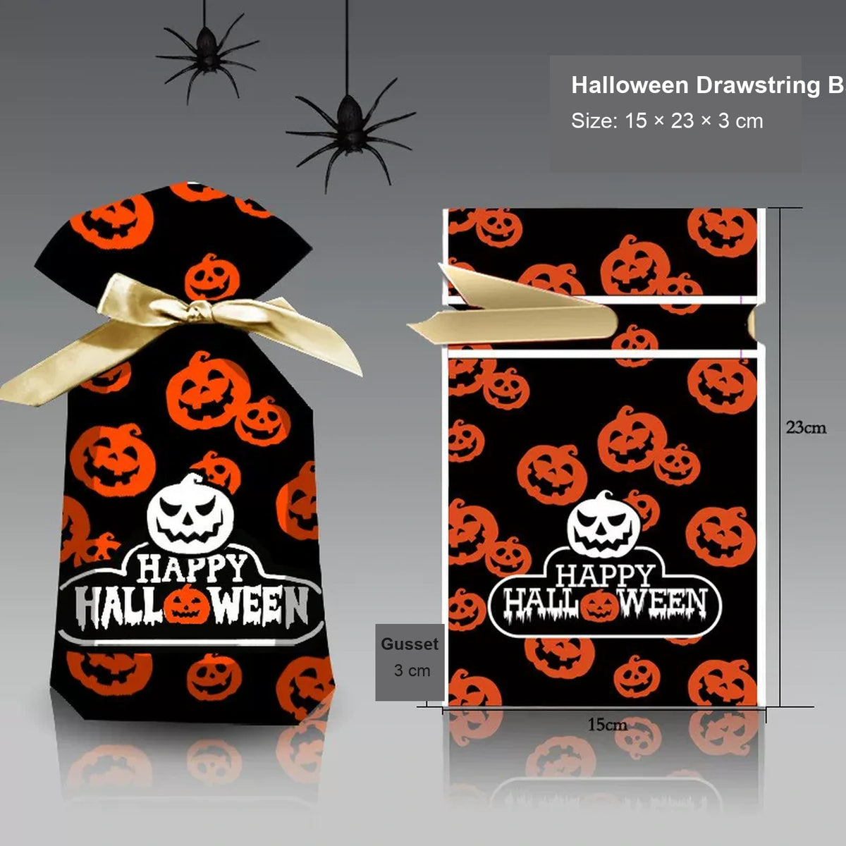 Gusseted Plastic Halloween Drawstring Treat Bags