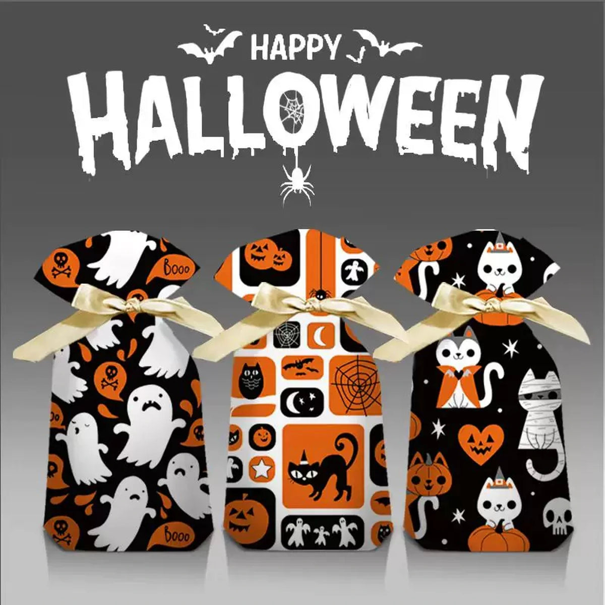 Gusseted Plastic Halloween Drawstring Treat Bags