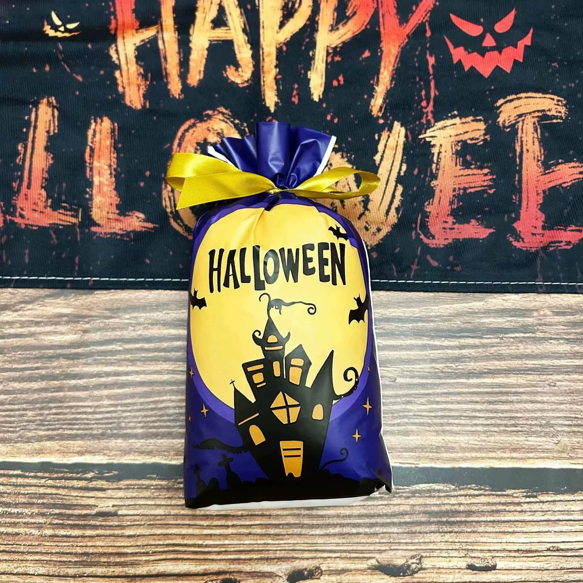 Gusseted Plastic Halloween Drawstring Treat Bags