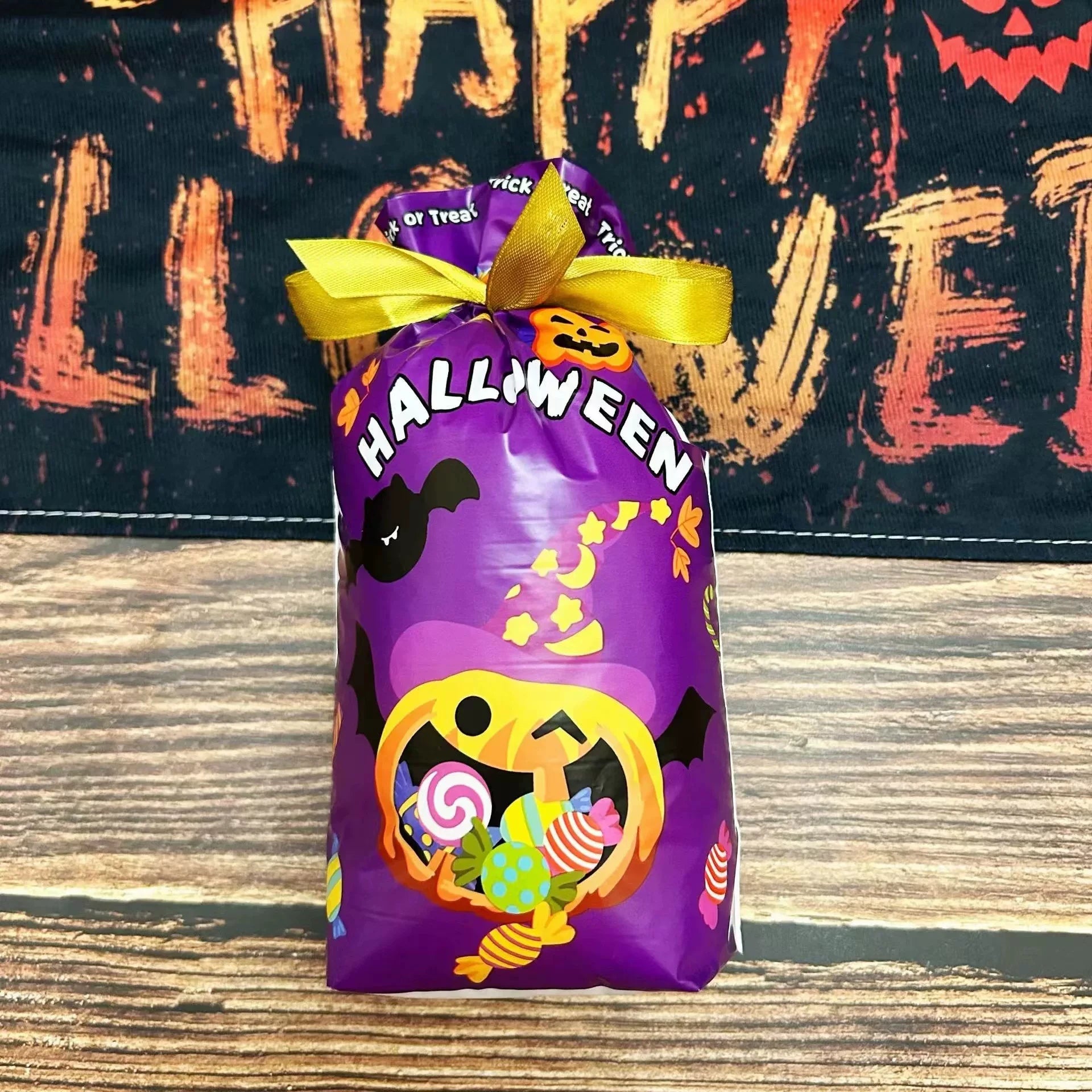 Gusseted Plastic Halloween Drawstring Treat Bags