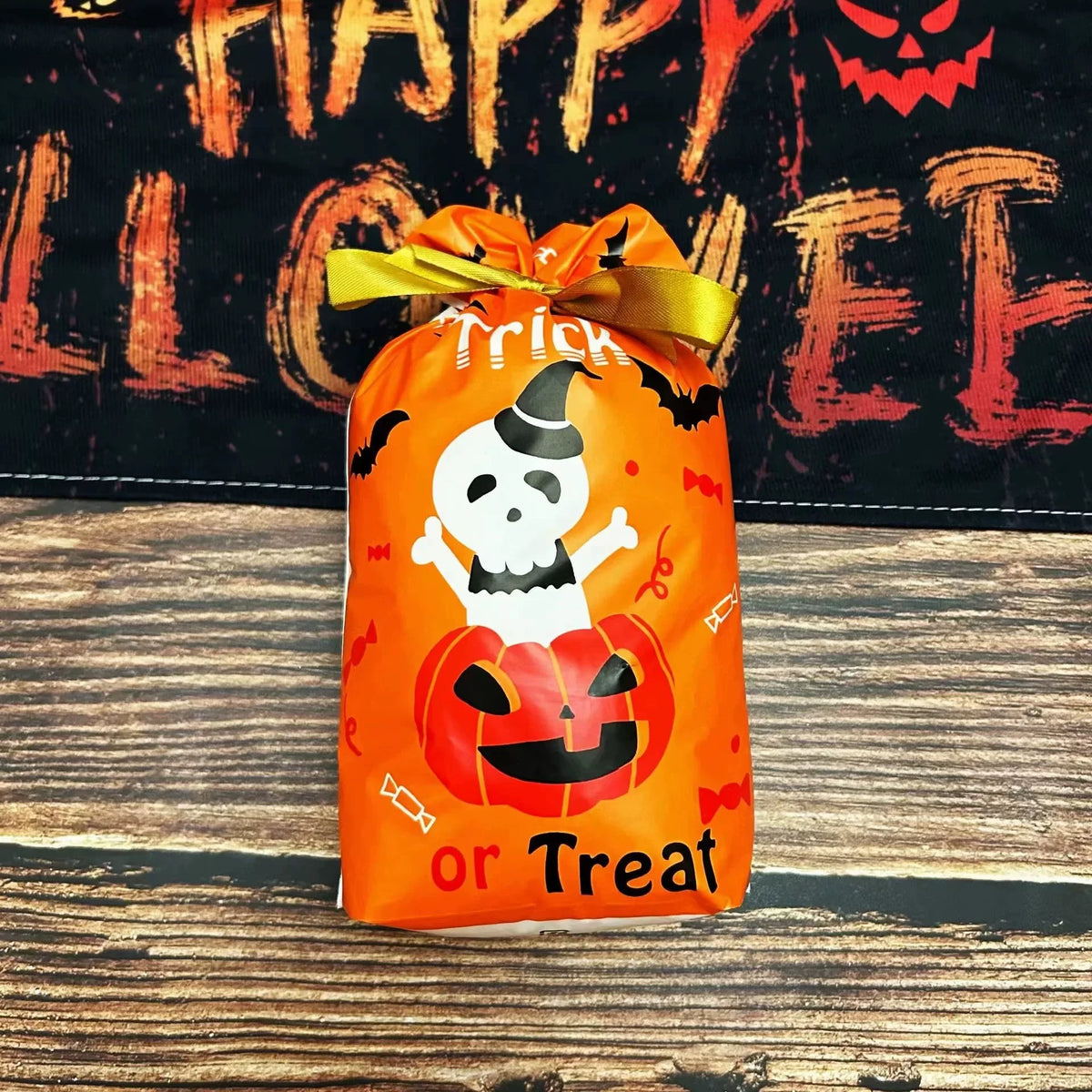 Gusseted Plastic Halloween Drawstring Treat Bags