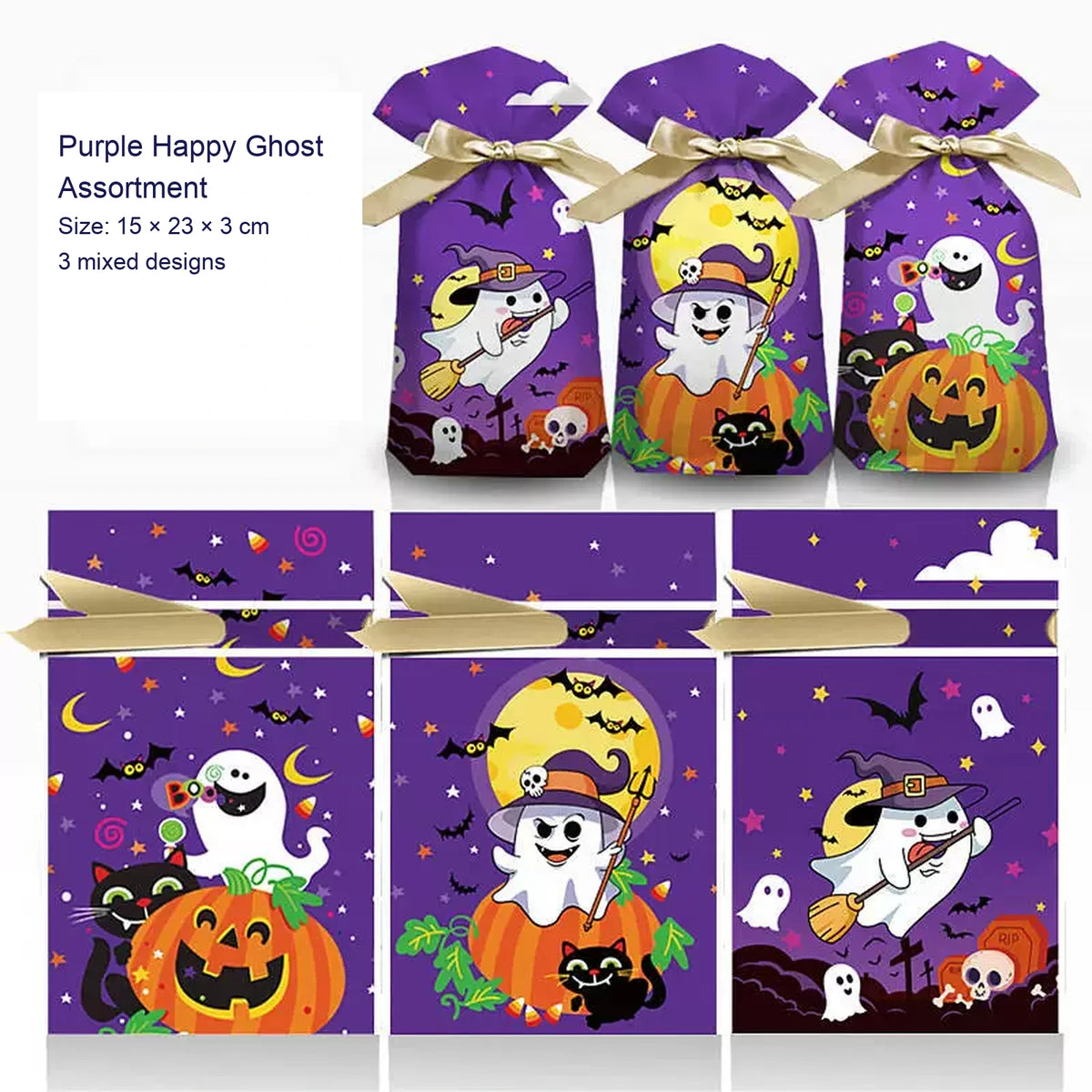 Gusseted Plastic Halloween Drawstring Treat Bags