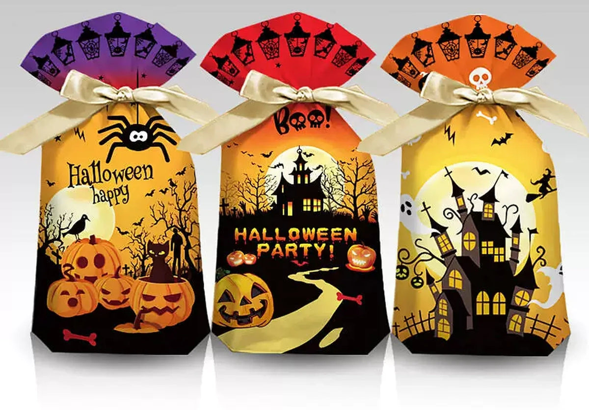 Gusseted Plastic Halloween Drawstring Treat Bags