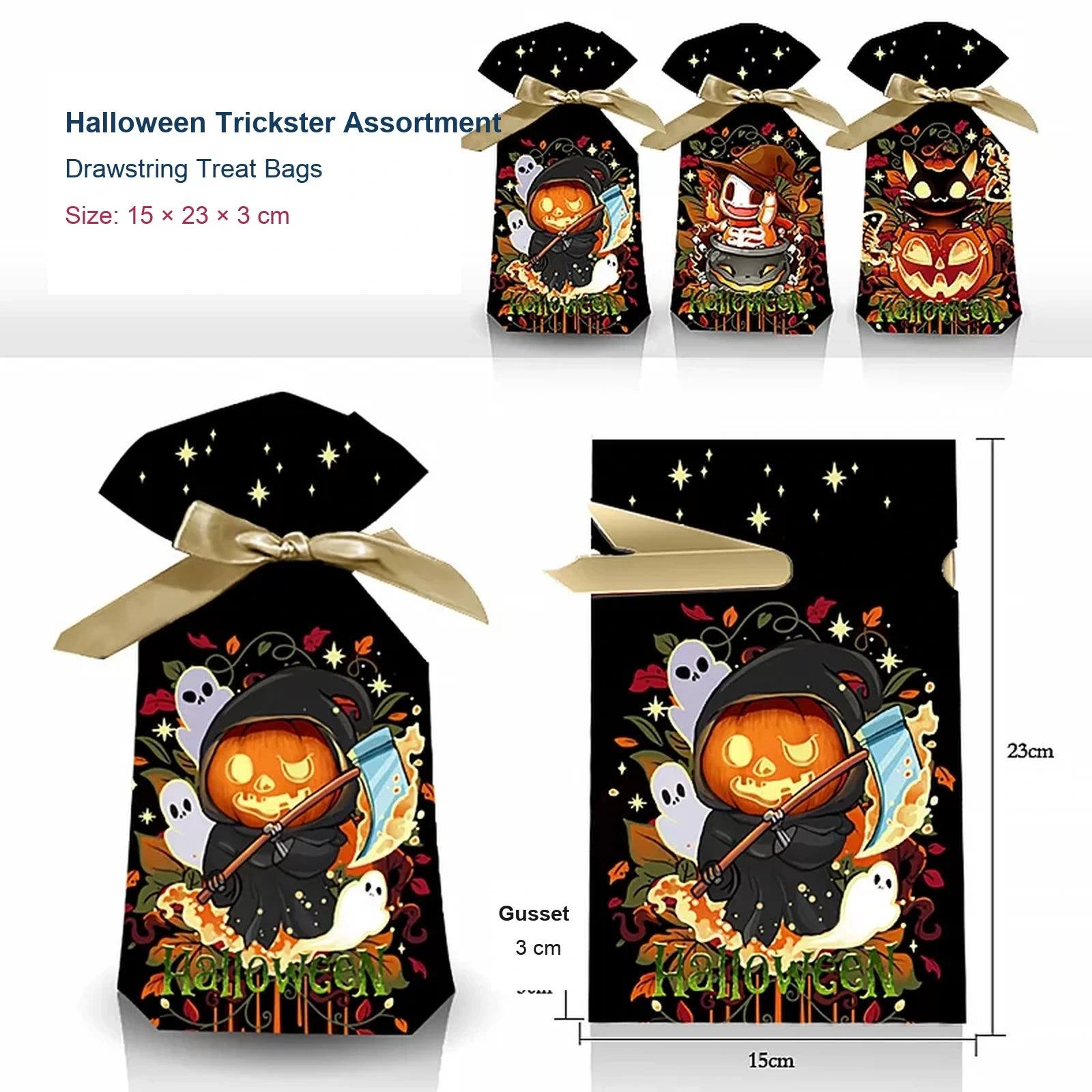 Gusseted Plastic Halloween Drawstring Treat Bags