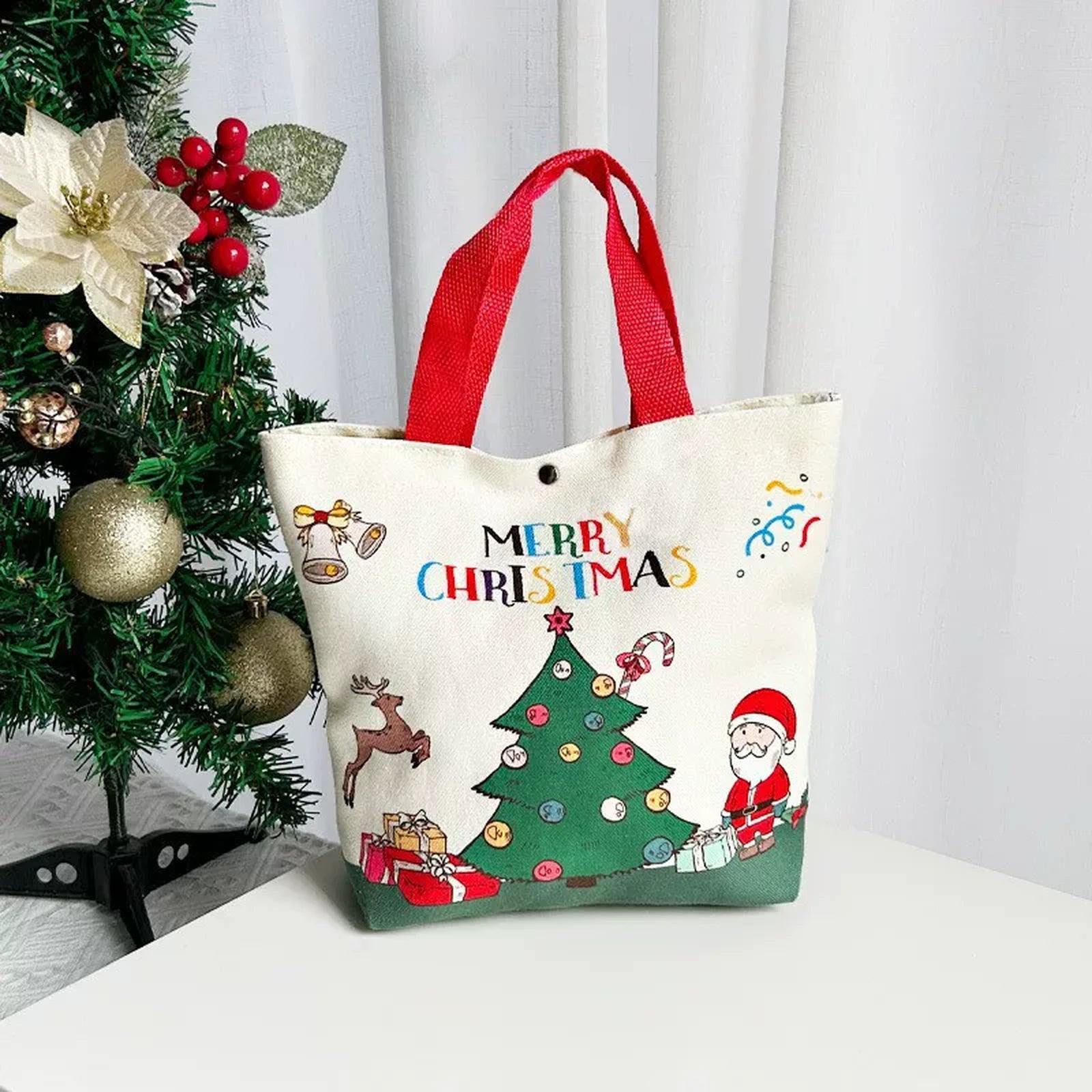 Gusseted Canvas Christmas Gift Bags with Handles – Red – 26 × 22 × 8 cm