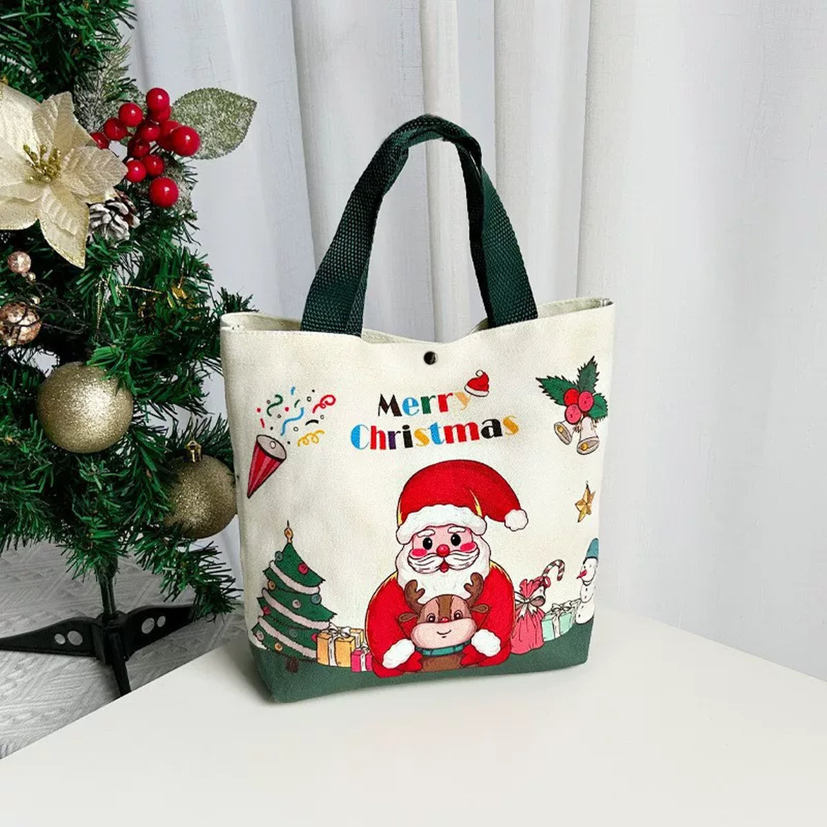 Gusseted Canvas Christmas Gift Bags with Handles – Green – 26 × 22 × 8 cm